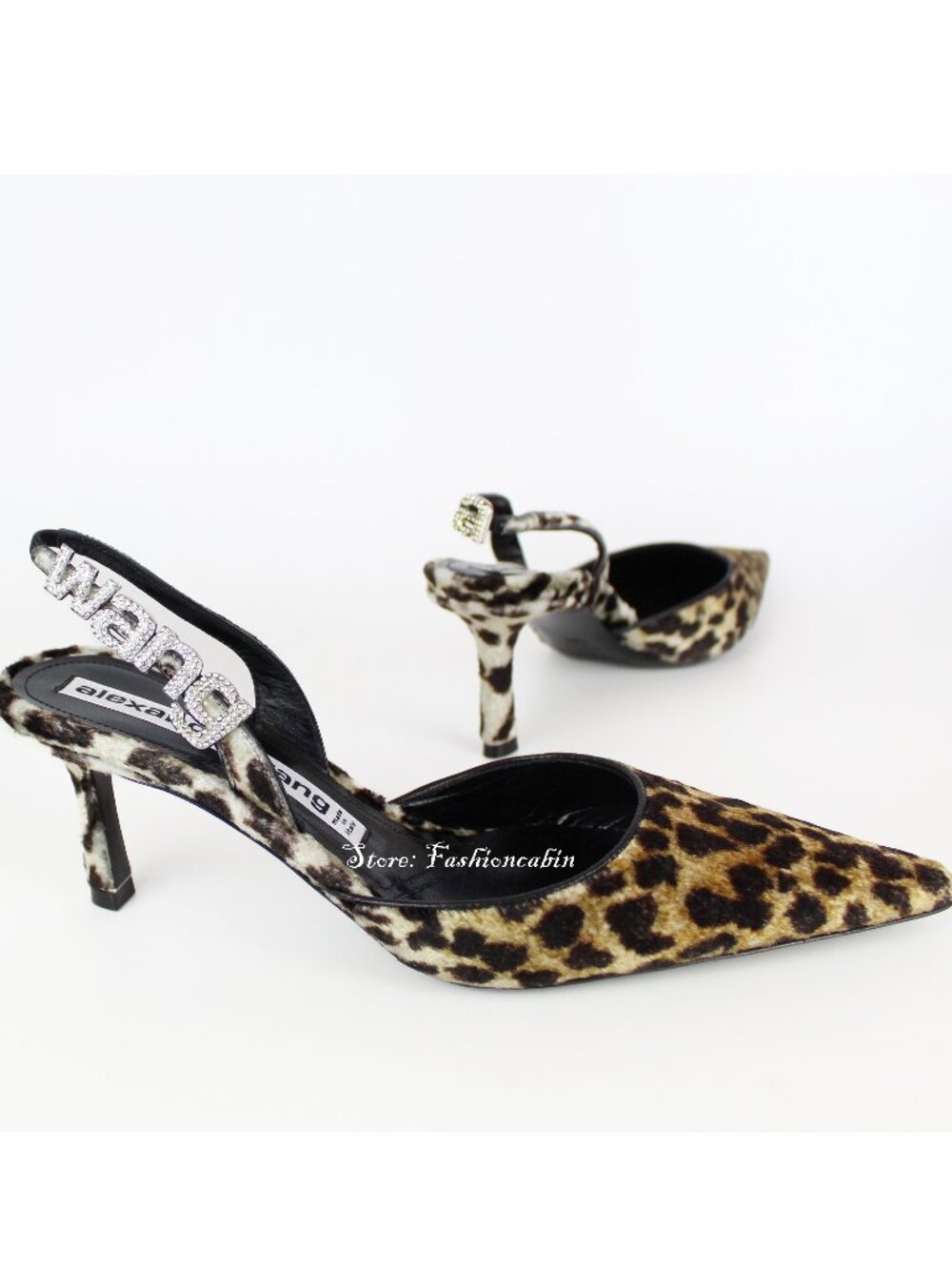 NEW Alexander Wang Grace Leopard Velvet Crystal Logo Slingback Pumps EU 38.5